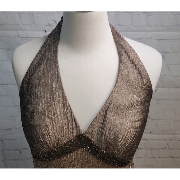 Vintage Cache Womens Halter Dress Size 10 Bronze Metallic Crinkled Silk Beaded - Picture 2 of 10